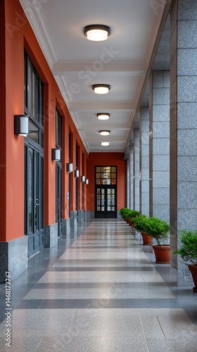 Architectural Corridor with Orange Walls, Gray Columns, and Potted Plants Leading to an Entrance photo