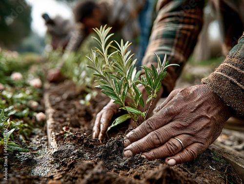Farmers planting seedlings in cultivated soil