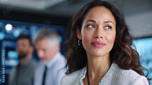 A confident businesswoman in a modern office  showcasing determination and leadership