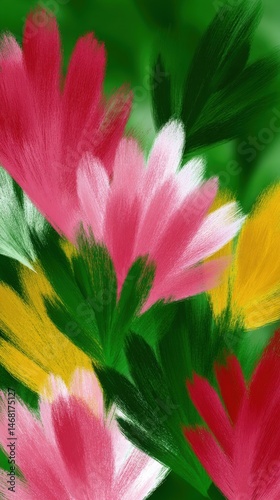 Vibrant floral arrangement in colorful abstract brushstroke design against green background, artistic botanical nature illustration