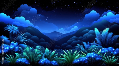 Enchanted pixelated nightscape glowing flora under celestial stars serene illustration evokes nostalgic whimsical retro aesthetic