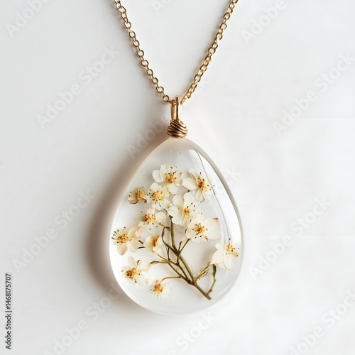 Boho Style Resin Jewelry: Handmade Teardrop Pendant with Dried Flowers and Gold Chain – Elegant Botanical Jewelry Gift Idea