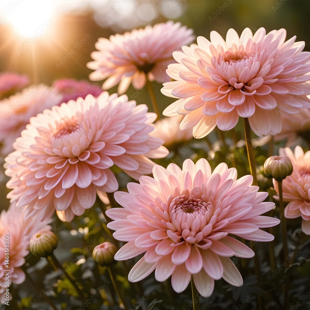 Fototapeta premium Pink Dahlia Flowers in Sunset Light