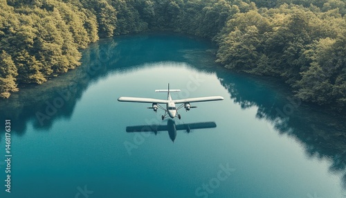 Wallpaper Mural Aerial view of a seaplane flying above a calm lake surrounded by lush green trees. The plane's reflection shimmers in the water. Sunny day. Torontodigital.ca