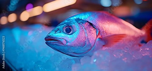 Vibrant sea creature portrait of chilled fish, highlighted in cool neon hues