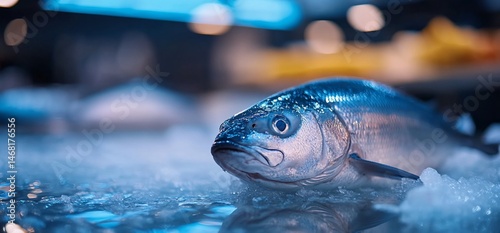 Icy Presentation of Fresh Fish: A Close-Up of a Freshly Caught Specimen