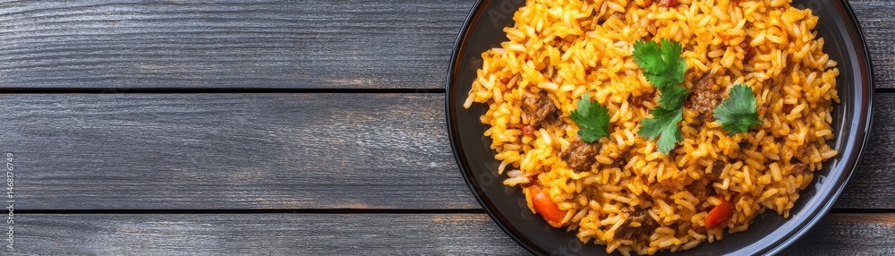 Delicious Rice Pilaf with Meat and Cilantro on Dark Plate, Pilaf , Food photography Delicious Rice Pilaf with Meat and Cilantro on Dark Plate, Pilaf , Food photography