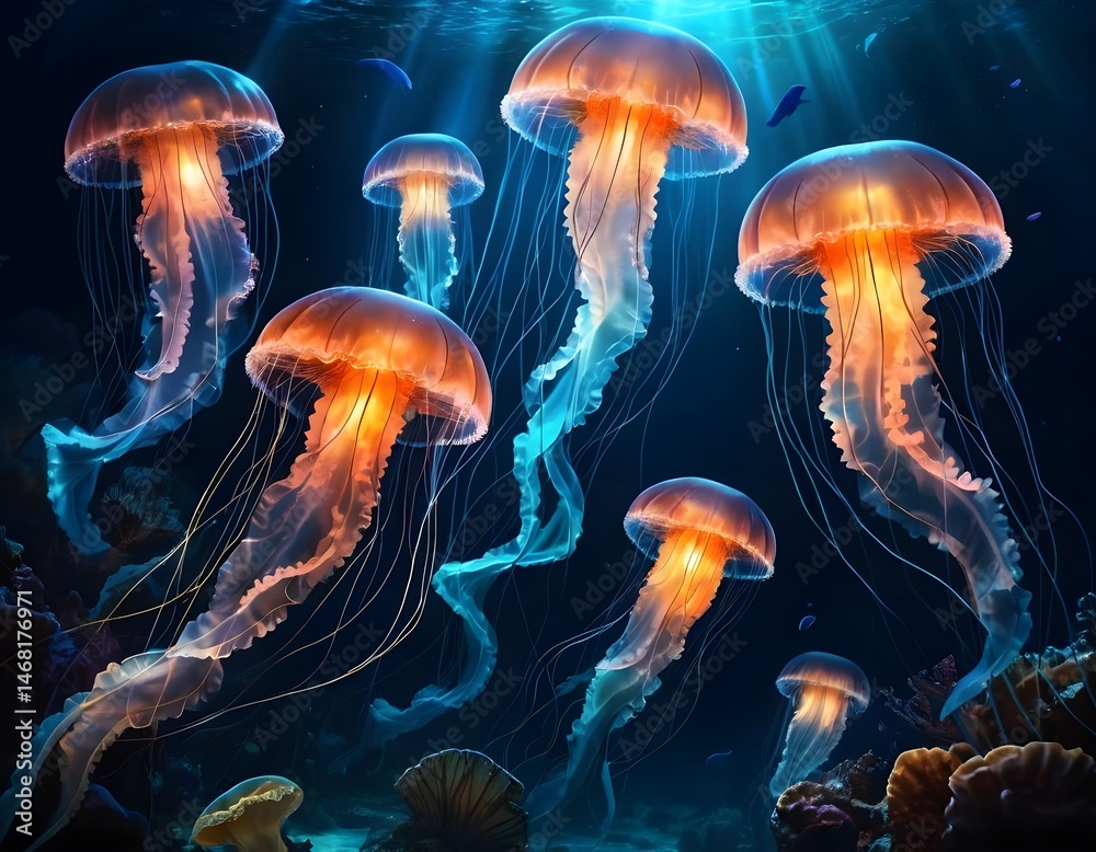 Fototapeta premium Glowing Jellyfish Underwater Ballet