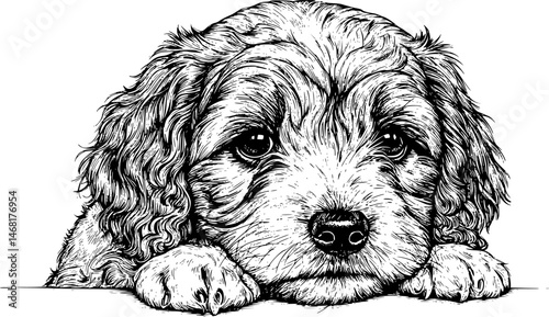 poodle dog face peeking over front paws vector illustration
