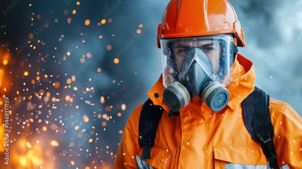 Firefighter in Protective Gear Amidst Flames and Sparks