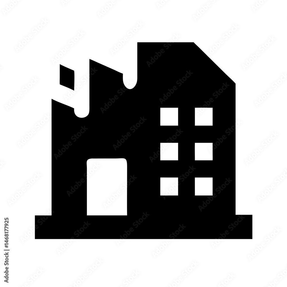 Icon of a damaged building to signify destruction or disrepair Icon of a damaged building to signify destruction or disrepair