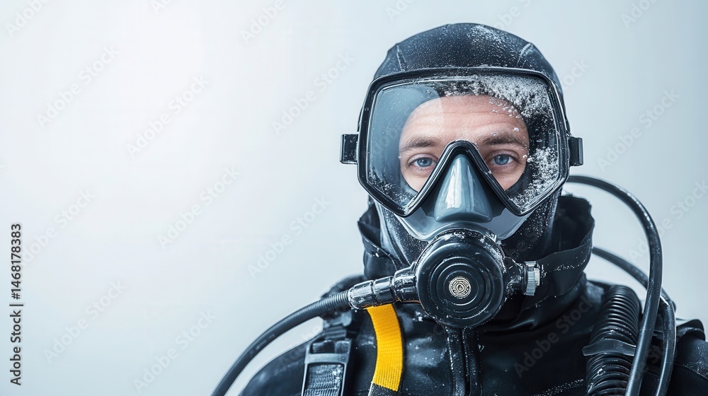 Professional Diver in Full Diving Gear with Snowy Background