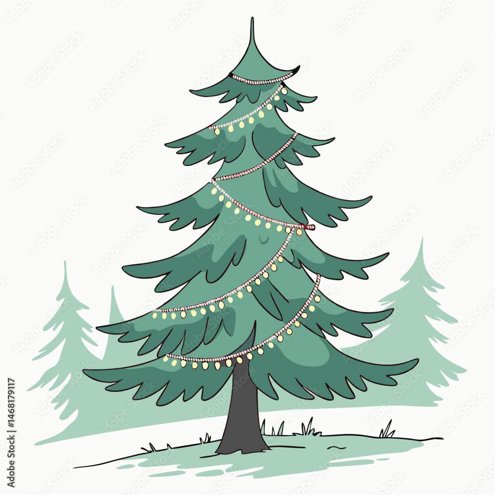 Obraz premium Festive Pine Tree with String Lights Watercolor Vector Art