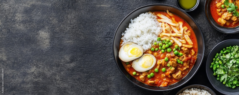 Japanese Curry Rice Bowl Chicken, Egg and Peas on Dark Background, curry , rice Japanese Curry Rice Bowl Chicken, Egg and Peas on Dark Background, curry , rice