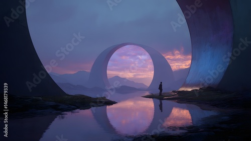 Solitary figure gazing at massive ring structures with reflections in calm water.