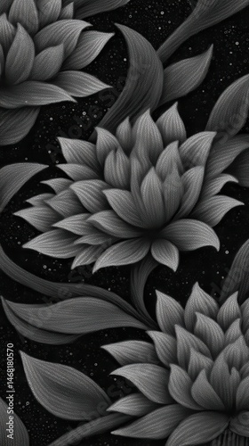Monochrome floral background with decorative petals and leaves on dark sparkling backdrop graphic design aesthetic detailed artistic botanical