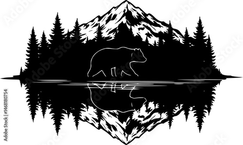 bear in forest with mountain vector illustration
