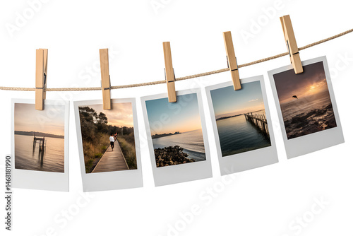 Nostalgic Polaroid Prints Hanging On A Rope Isolated On Transparent Background At Sunset