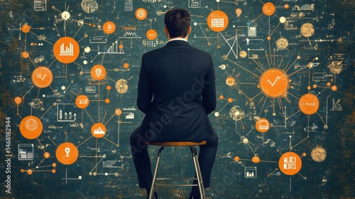 Contemplative businessman facing intricate network symbolizes innovation strategy planning and future insights into global digital connections