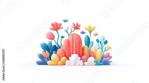 Minimalist colorful abstract 3d flower garden on white background with smooth gradients and modern rendering perfect for summer design