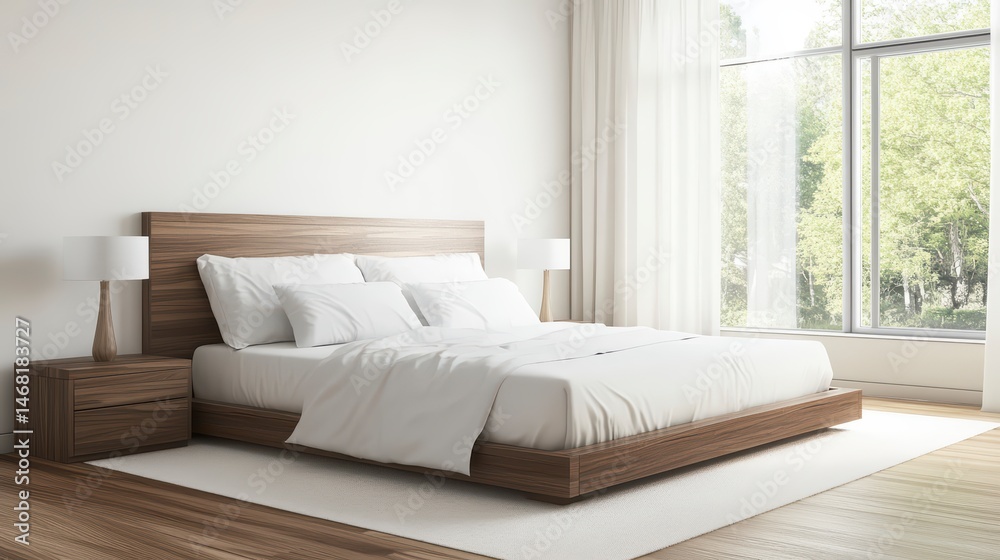 Large bed with white sheets and pillows sits in a room with a window and a wooden floor Large bed with white sheets and pillows sits in a room with a window and a wooden floor