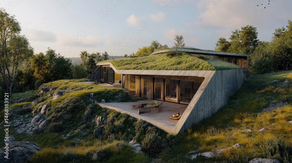 Fototapeta premium Modern dwelling integrates nature with ecological roof atop a hillside setting