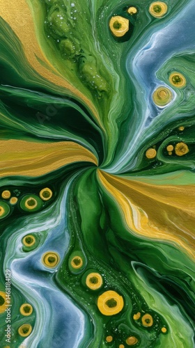 Green Gold and Blue Abstract Fluid Art Painting Contemporary Decorative Swirls Organic Shapes Circular Elements Modern Artistic Design
