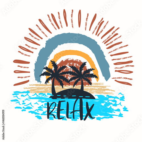 Beach fashion summer apparel print with palm and sun hand drawn