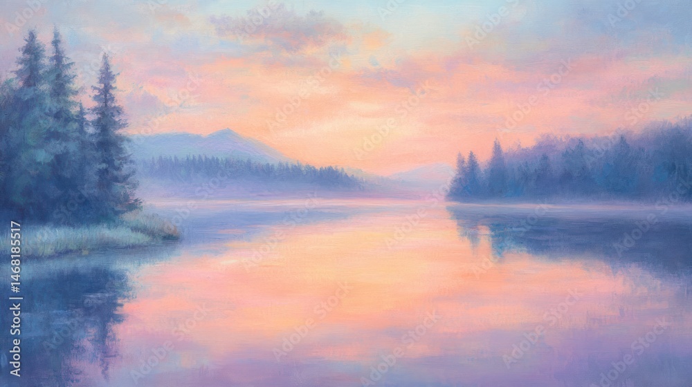 Fototapeta premium Pastel Sunrise over Serene Lake and Misty Mountains