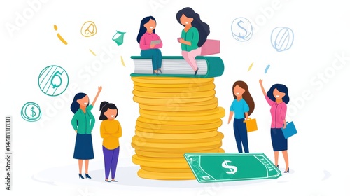Empowered women celebrate financial literacy and growth on books and money in a pixelated graphic asset for educational success