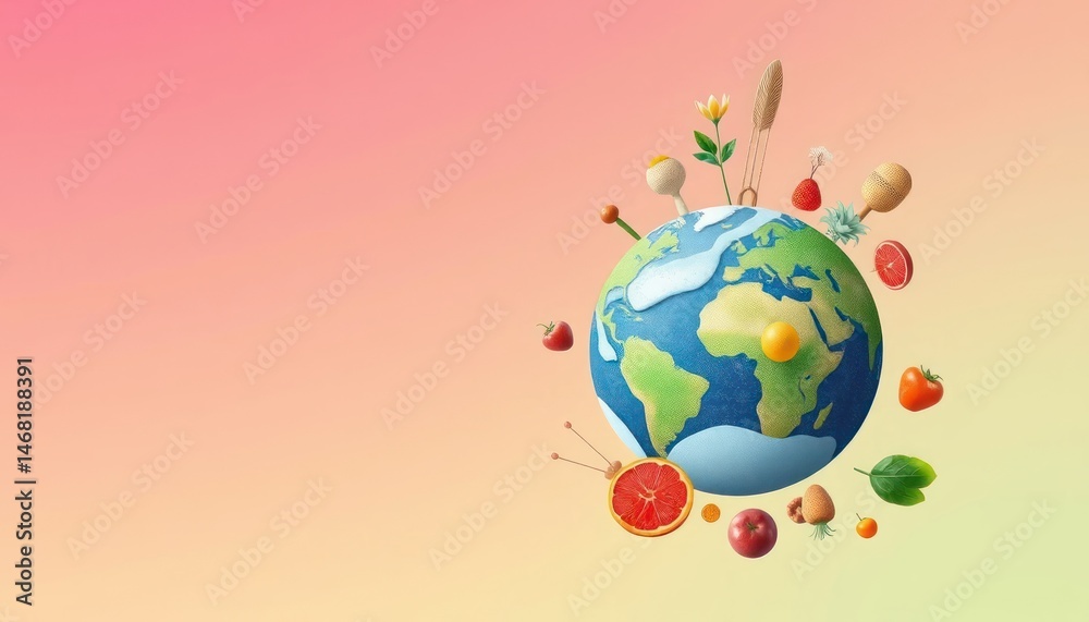 Naklejka premium Colorful world globe with floating fruits and leaves for a healthy planet