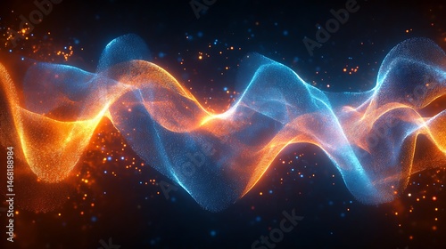 Abstract digital wave with blue and orange light particles on a dark background
