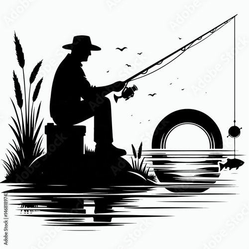 silhouette vector illustration of people fishing