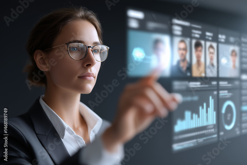  AI recruitment system showing holographic candidate profiles and hiring analytics.
