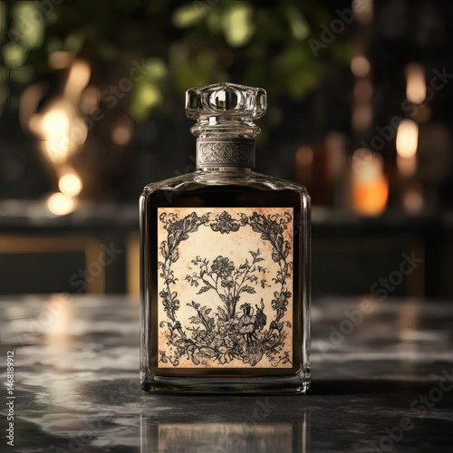 A vintage perfume bottle with a floral label, set on a marble surface, creating an elegant scene.
