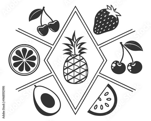 black and white icons fruit silhouettes minimali