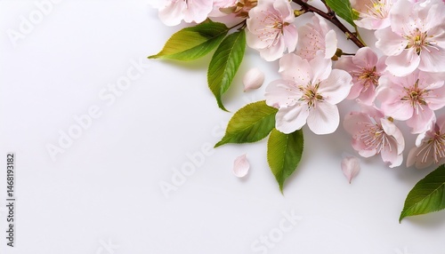 the branches of flowering cherry with foliage cherry blossoms sakura tree bloom in spring isolated on white background copy space close up