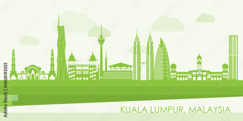 Green Skyline panorama of city of Kuala Lumpur, Malaysia - vector illustration