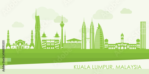 Obraz na płótnie Green Skyline panorama of city of Kuala Lumpur, Malaysia - vector illustration w salonie