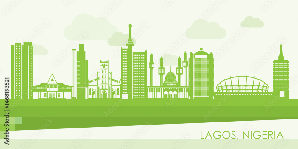 Green Skyline panorama of city of Lagos, Nigeria - vector illustration