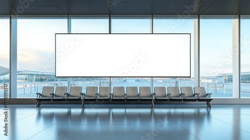 Empty airport terminal waiting area with large blank billboard.