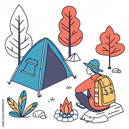 colorful cartoon camping scene blue triangular te