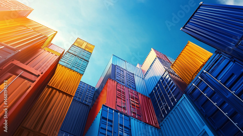  Stacked Shipping Containers with Blue Sky. Colorful shipping containers stacked high against a bright blue sky, captured from a low angle with vibrant light and modern composition.