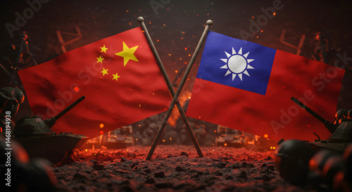 China vs taiwan flag crossed with dramatic background.
