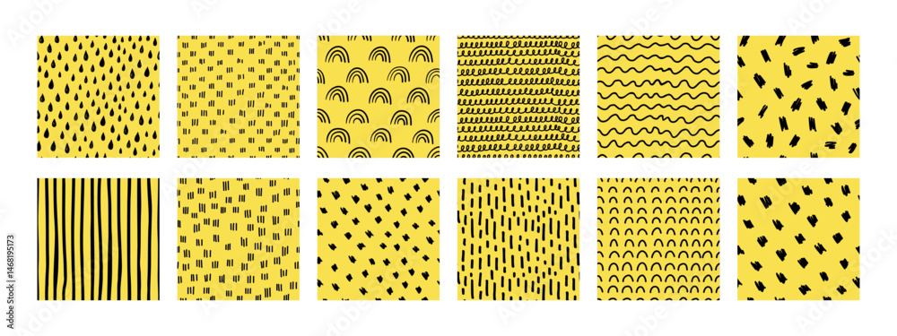 This small dash seamless pattern collection features hand-drawn textures on a yellow background. Includes abstract dots, dashes, lines, rainbows. It is ideal for fabric, wrapping paper, digital design