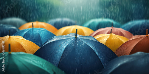 A field of open colourful umbrellas under gentle rain, with no people in sight. Quiet protection and vulnerability concept.