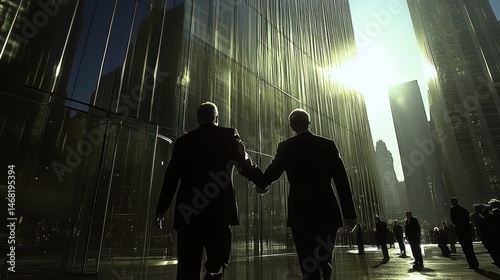 Urban connection silhouettes walking together in a futuristic cityscape showcasing brotherhood and unity under bright shining skylines