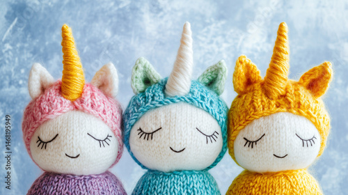 Knitted Unicorn Plush Toys in Pastel Colors. Adorable knitted unicorn dolls in pastel pink, blue, and yellow with closed eyes and soft textures, perfect for kids or nursery decoration.