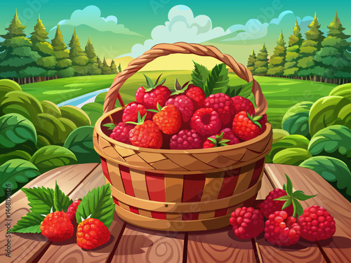 vector of Wicker basket full of ripe red raspberries placed on a wooden table outdoors in the garden
