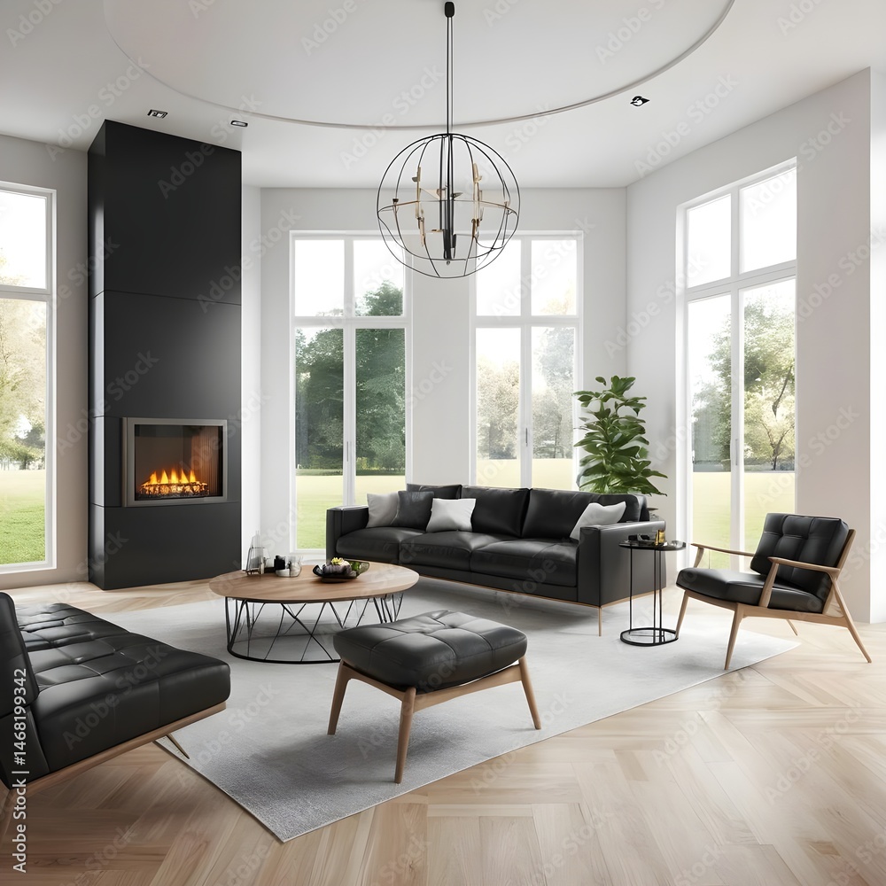 Fototapeta premium Modern Living Room with Black Leather Furniture and Fireplace